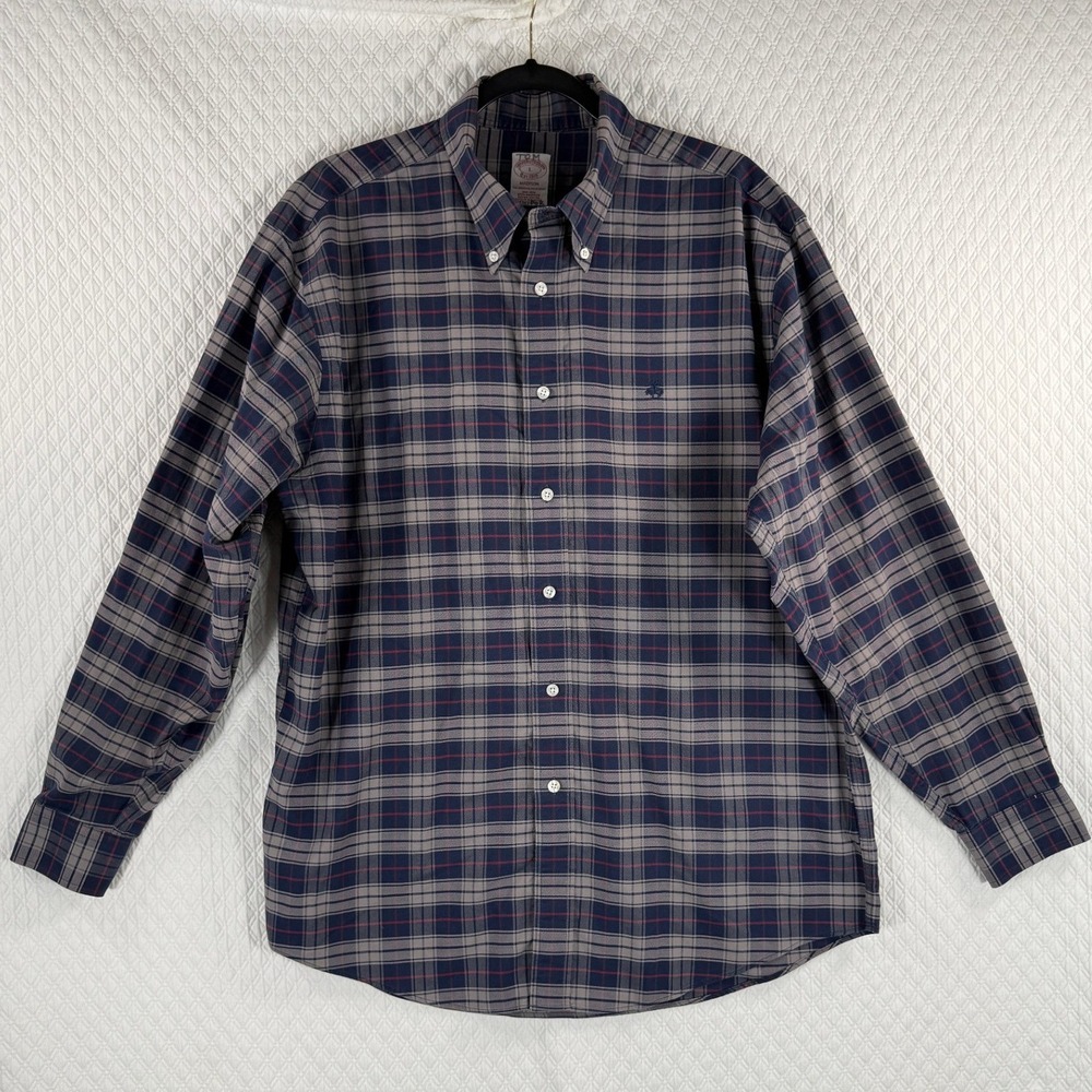 Brooks Brothers Mens‎ L Madison Plaid Non-Iron Supima Cotton Shirt Navy Grey